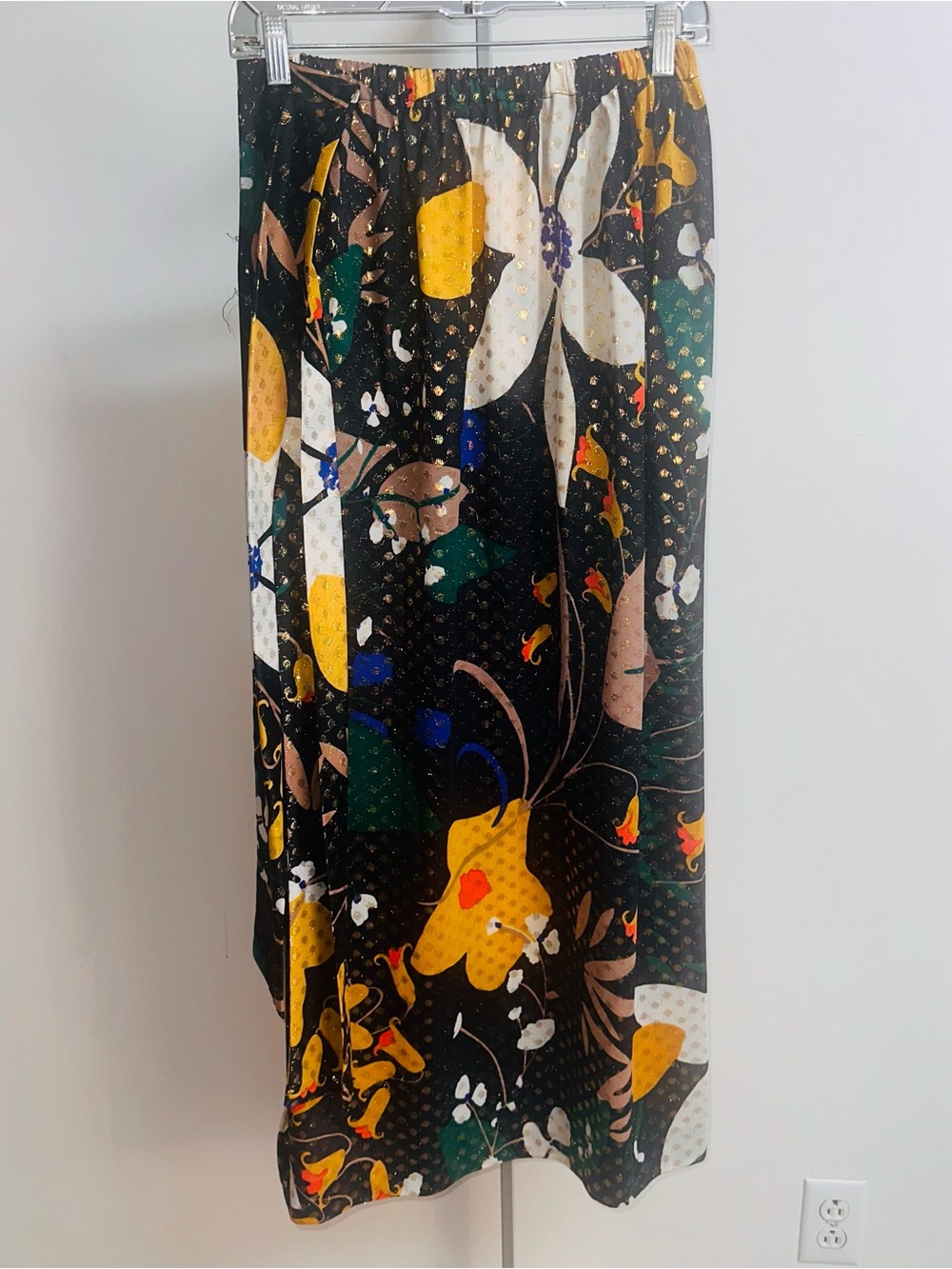 Vintage 70s metallic Floral Print Maxi Skirt in Black and Yellow